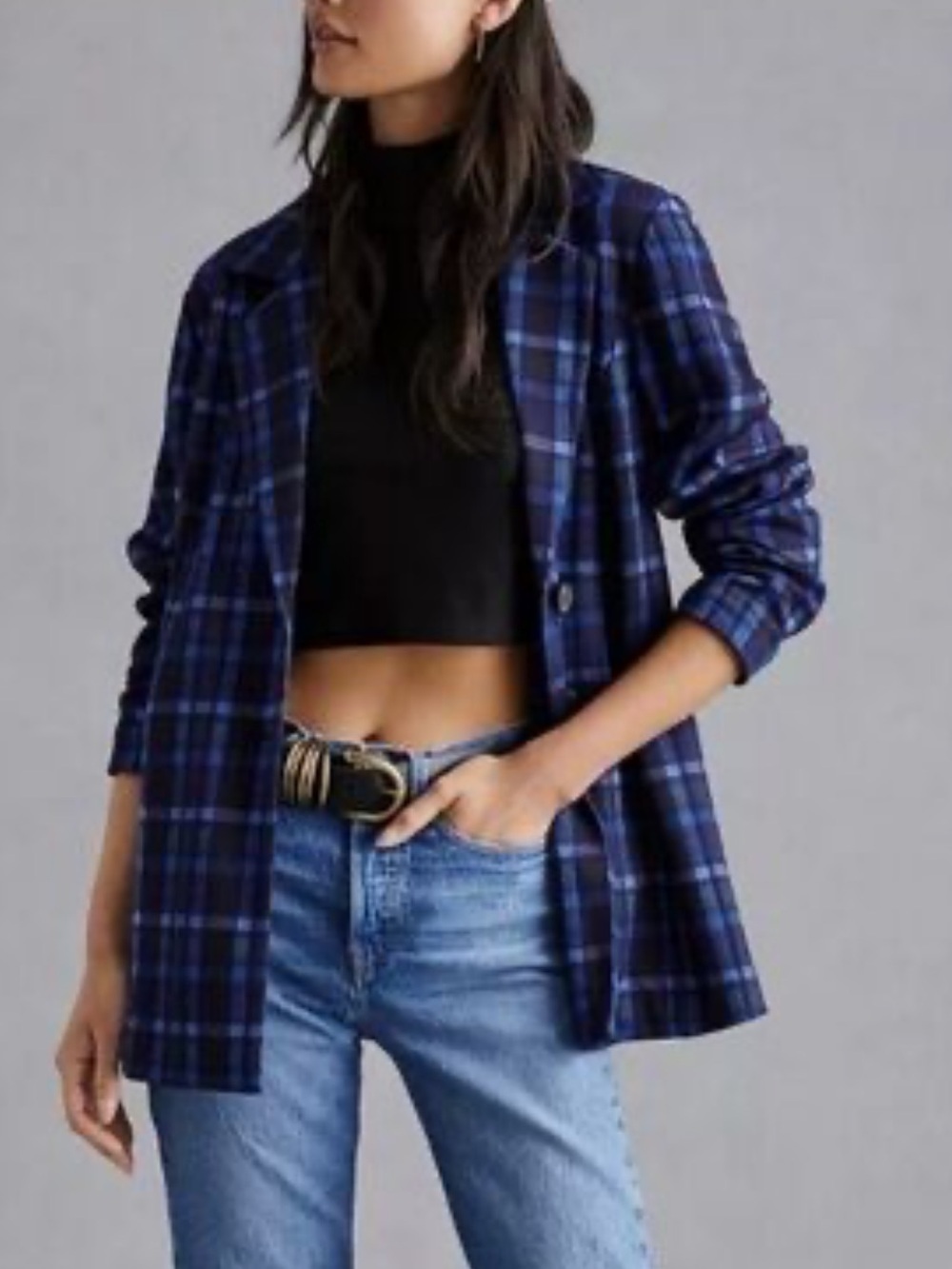 Anthropologie AVEC LES FILLES Longline Plaid Blazer Jacket Blue Size Large L